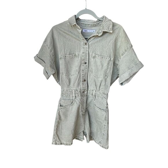 Zara Womens Short-Sleeve Button-Up Denim Romper Size S Light Gray Cotton Blend - Picture 1 of 10